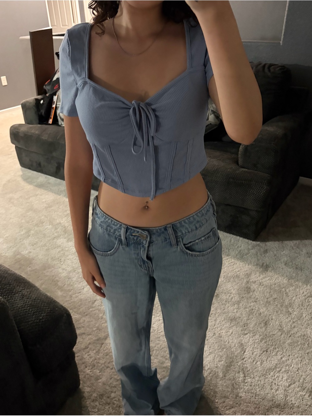 SHEIN Sky Blue Ribbed Tie-Front Puff Sleeve Crop Top